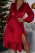 Velvet Buttoned Puff Sleeve V Neck Split Midi Dress